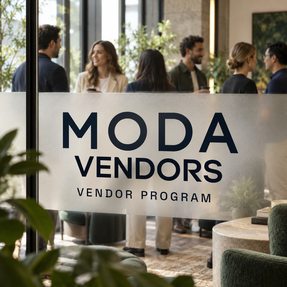 Moda Vendors vendor program — business owners connecting in a contemporary lounge