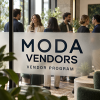 Moda Vendors vendor program — business owners connecting in a contemporary lounge